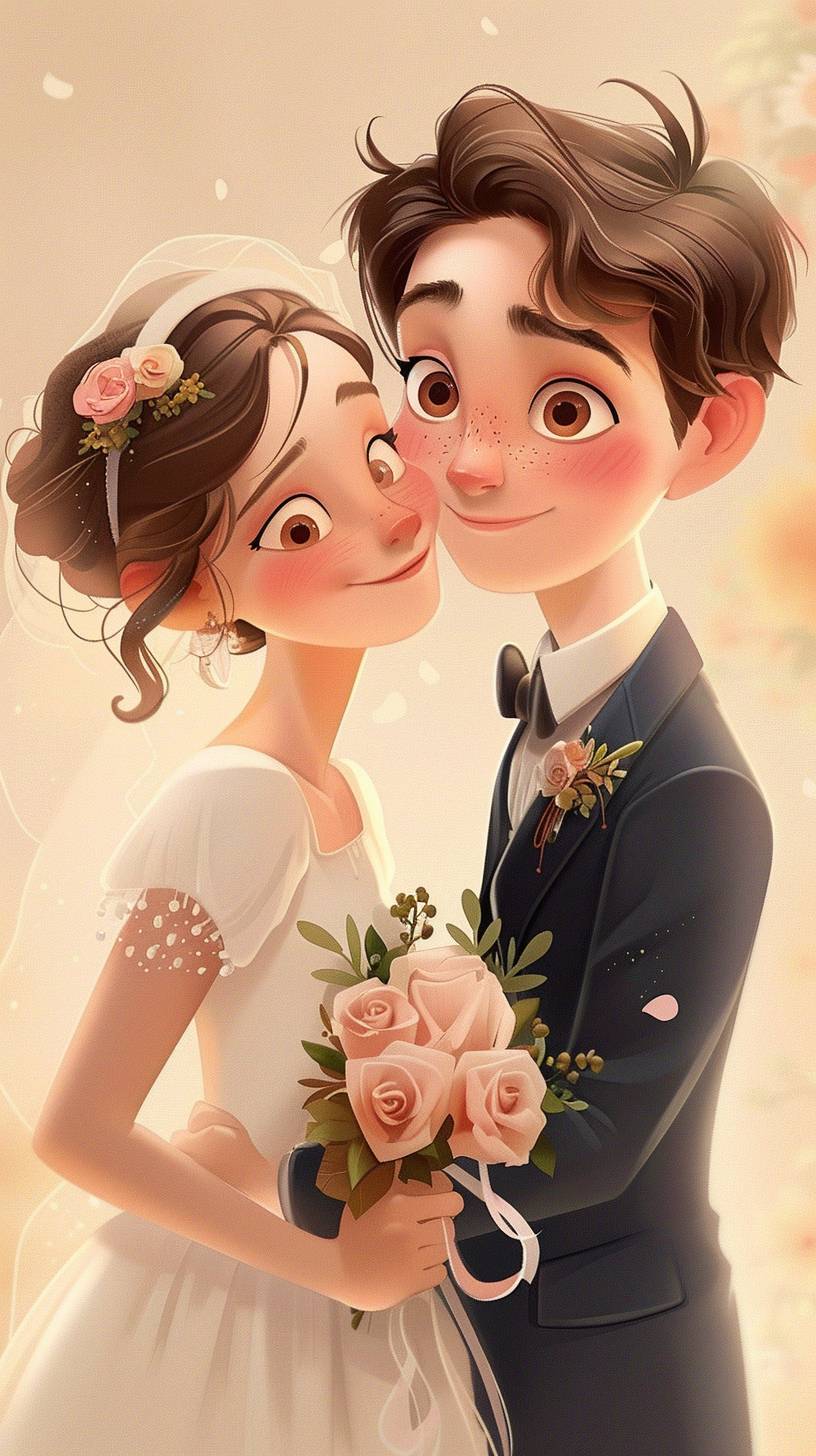 Pixar and cartoon style, a young couple in wedding attire