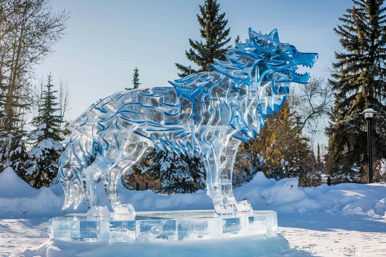 Wander through the 'Glacial Gardens' with a majestic wolf, where blue ice sculptures bloom like flowers and silver frost crystals decorate the landscape, a winter wonderland of frozen beauty.