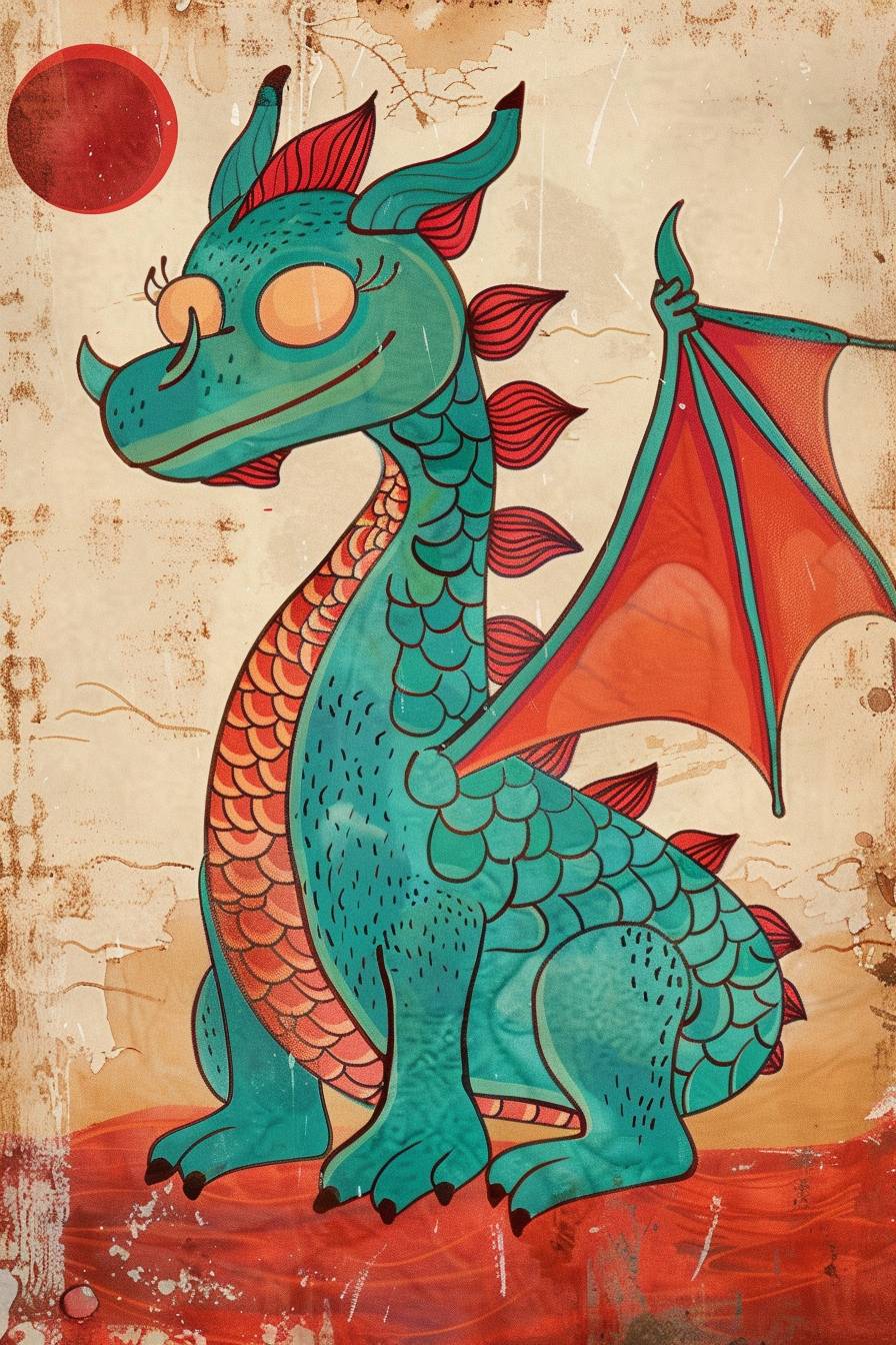 素朴な芸術スタイルのドラゴン、青緑と深紅色を特色とし、幼稚なシンプルさを特徴としています