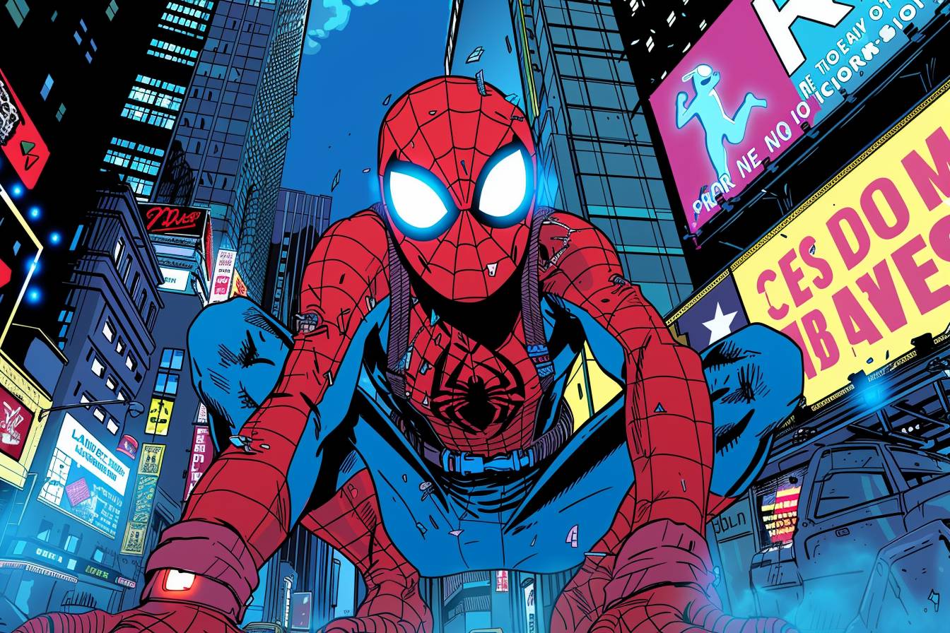A powerful and determined superhero with a muscular build, wearing a red and blue skin-tight suit with a prominent spider emblem on the chest. He has a mask covering his face, with white eyes and web-like patterns. The background is a bustling cityscape with towering skyscrapers and illuminated billboards. His stance is heroic, with one foot raised as if ready to leap into action. The style is dynamic and action-packed, resembling a comic book illustration with bold lines and vibrant colors.