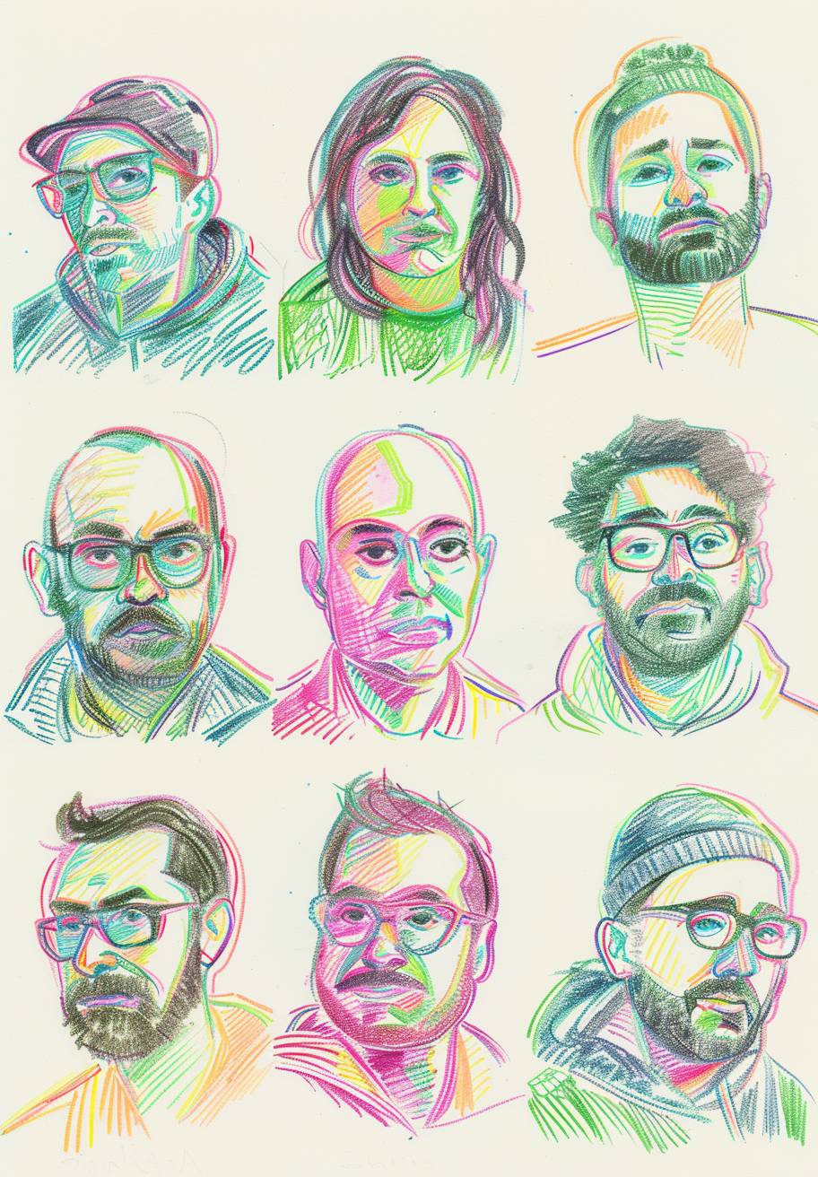 色鉛筆で描かれた九つの小さな四角い頭部の肖像画。この肖像画は、プロの訓練を受けたアーティストが見かけた人々の顔を描き doodle しているスタイルで描かれています。若者や異なる民族の人々が描かれています。それぞれの肖像画は、pink、green、blue、yellow のリソグラフ風の色で彩色されています。顔の表情やポーズは個性的です。短髪の人もいれば、長髪の人もいます。一人はメガネをかけています。全員がカメラを直視し、白い背景に立っています。