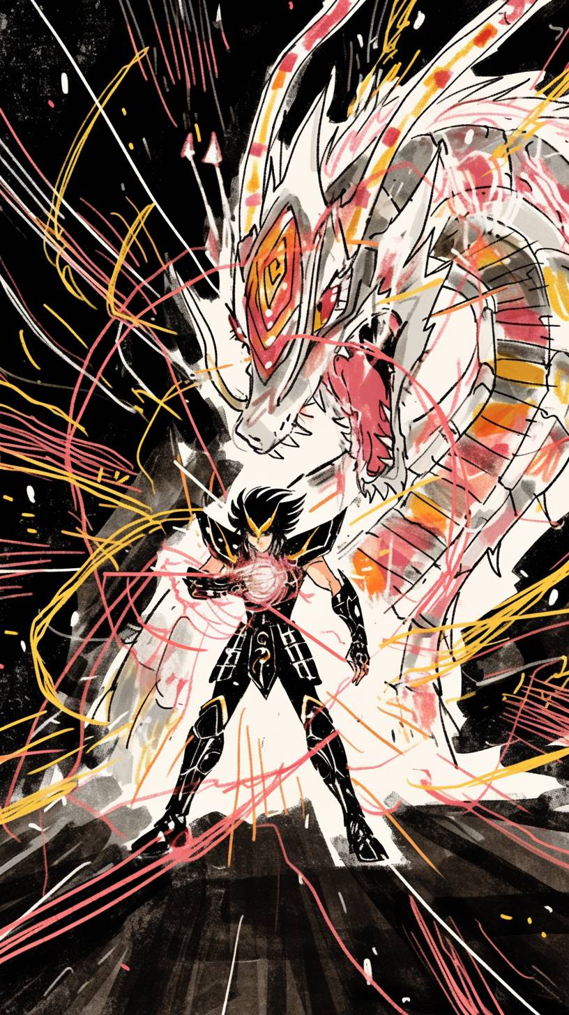 Dragon Shiryū fighting, in the style of Hajime Sorayama, anime art, Saint Seiya, epic, RTX on, Daz3d, animated illustrations, foreshortening techniques, sharp angles, vibrant manga, Japanese-inspired