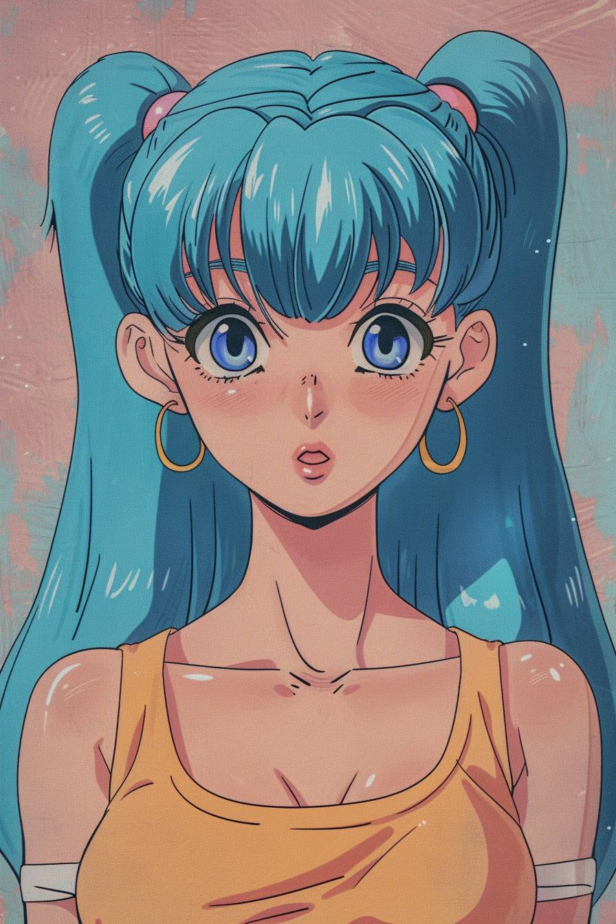 高橋留美子、犬夜叉アニメのスタイルで、大きな目、青い髪の前髪とツインテール、パステルカラーの衣装を着た90年代のアニメスタイル。