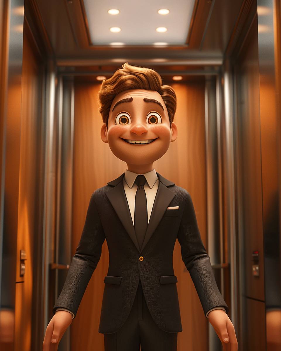 A 3D cartoon animation of a smiling sales person getting onto an elevator. Inspired by Disney and Pixar Animation.
