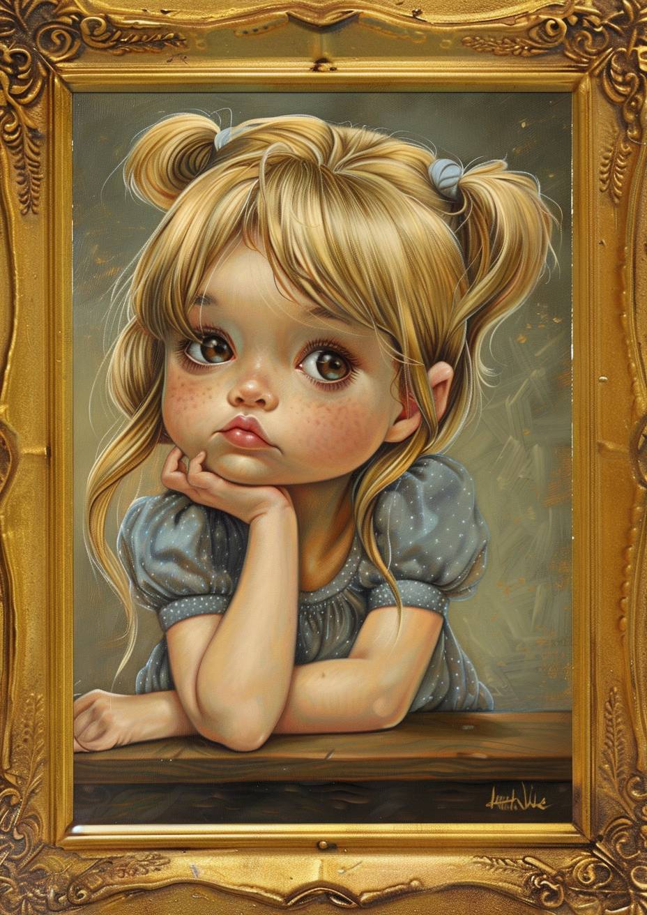 Painting of an adorable little girl with blonde hair in pigtails, resting her head on one hand and looking at the viewer with big eyes, wearing gray, a full body portrait, sitting at a table, in a golden frame, in the style of cute cartoonish Art Nouveau style.