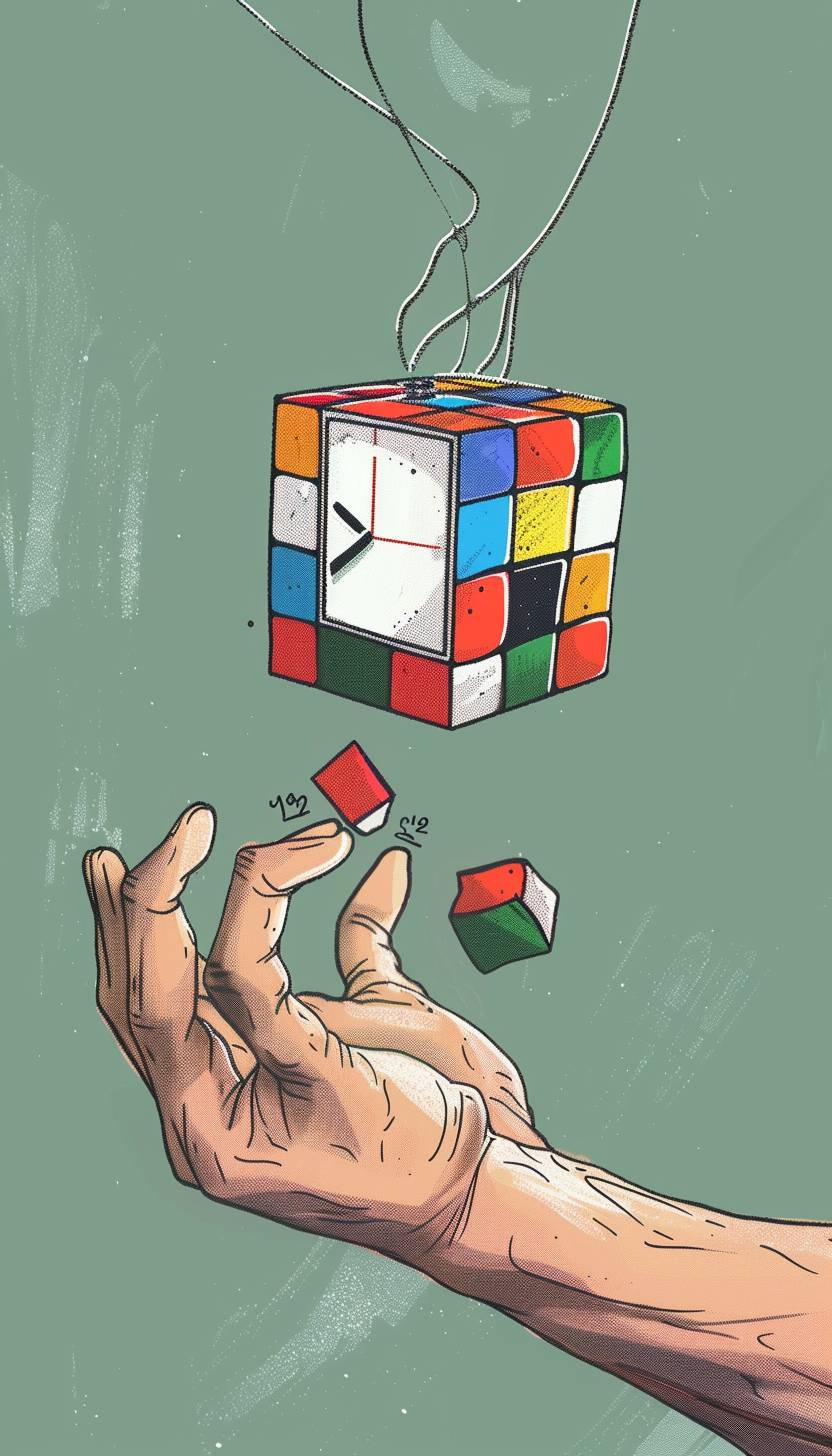 Solved Rubik's cube being dropped to stop a timer, cartoonized