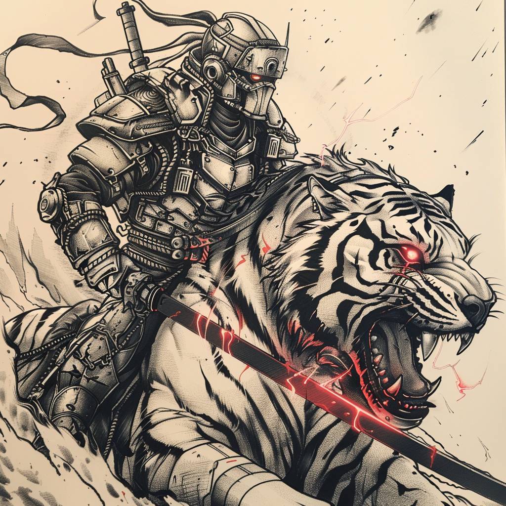 Tattoo design, cybernetic ninja in high-tech armor riding on a robotic tiger with glowing red eyes and metallic fangs, traditional cyberpunk tattoos, black ink on paper, high contrast, high details, no shadows, white background, detailed lines, fantasy artwork, white and grey, dark atmosphere, epic battle scene, war scene