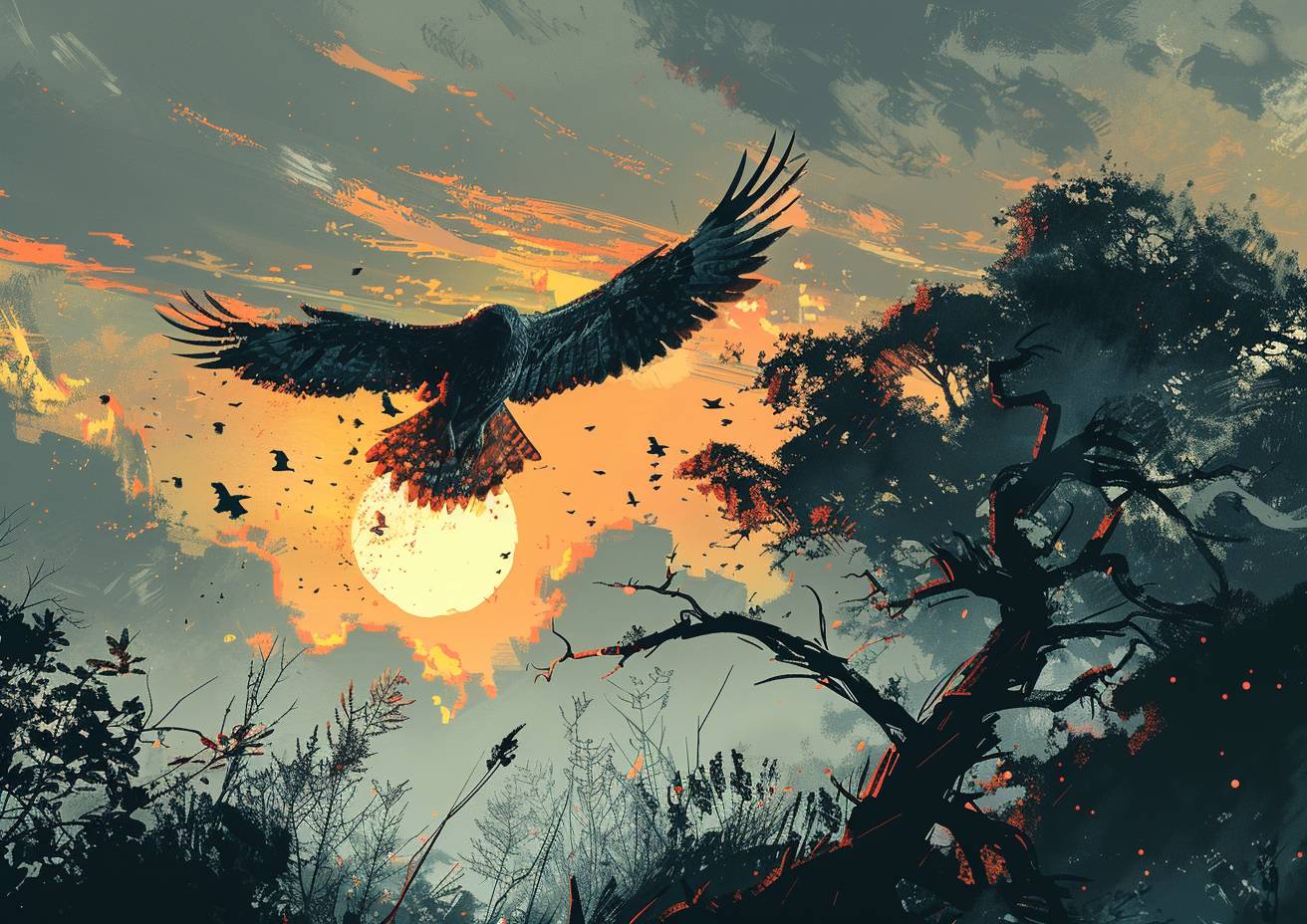 ミニマリストな風景、鷹が枯れた木から飛び立ち、日光の中で羽ばたく、アポカリプスコア
