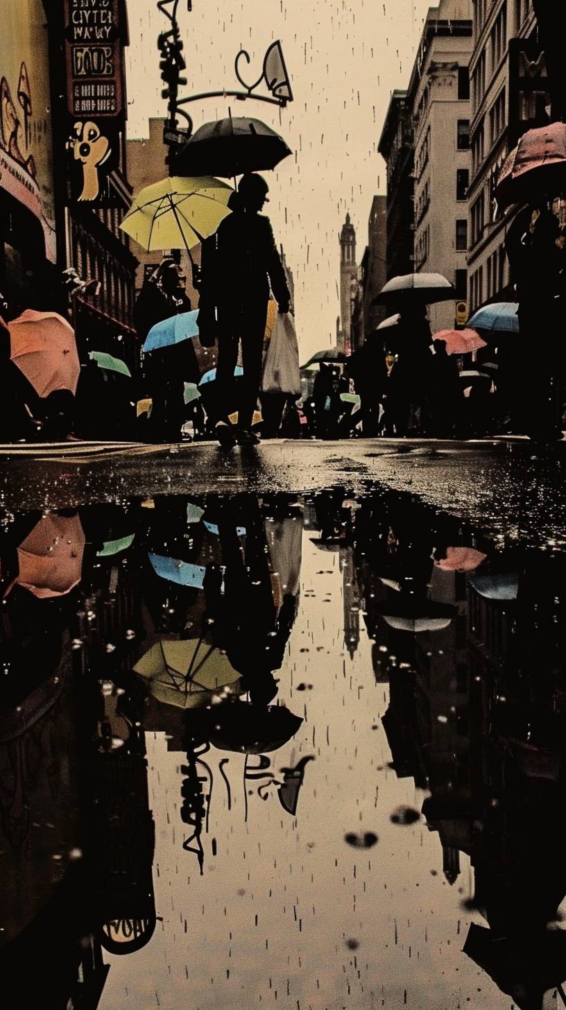 A bustling city street in the rain, with people carrying umbrellas and colorful reflections on the wet pavement. In the style of a street photography.