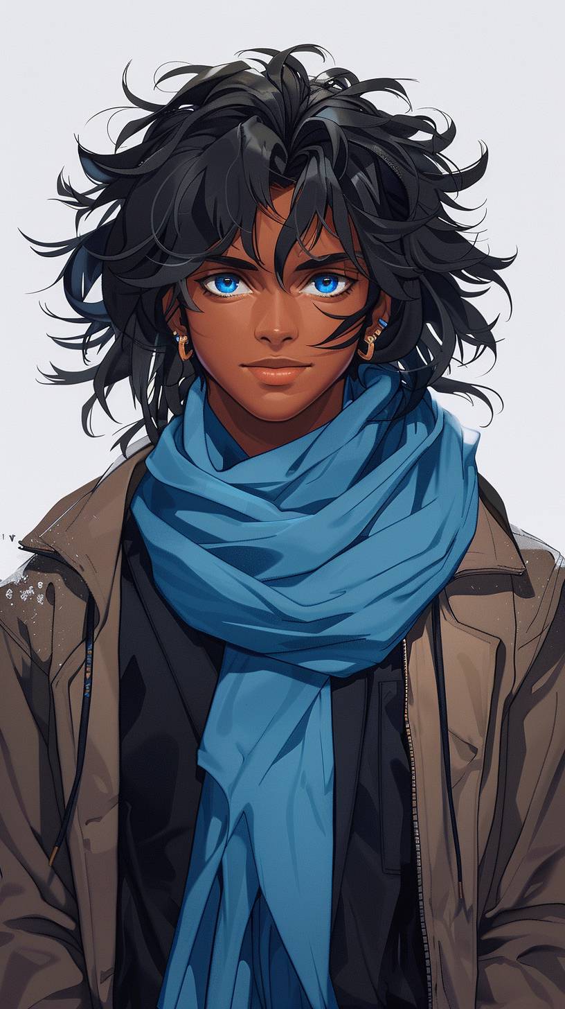 A young and handsome African American in his early twenties, with shoulder-length black wavy and curly hair, including three bangs. He has blue eyes and is wearing a black shirt with long sleeves, blue vest, and blue scarf. The portrait is anime-style, and he is smiling with a laid-back personality, with a smooth face.