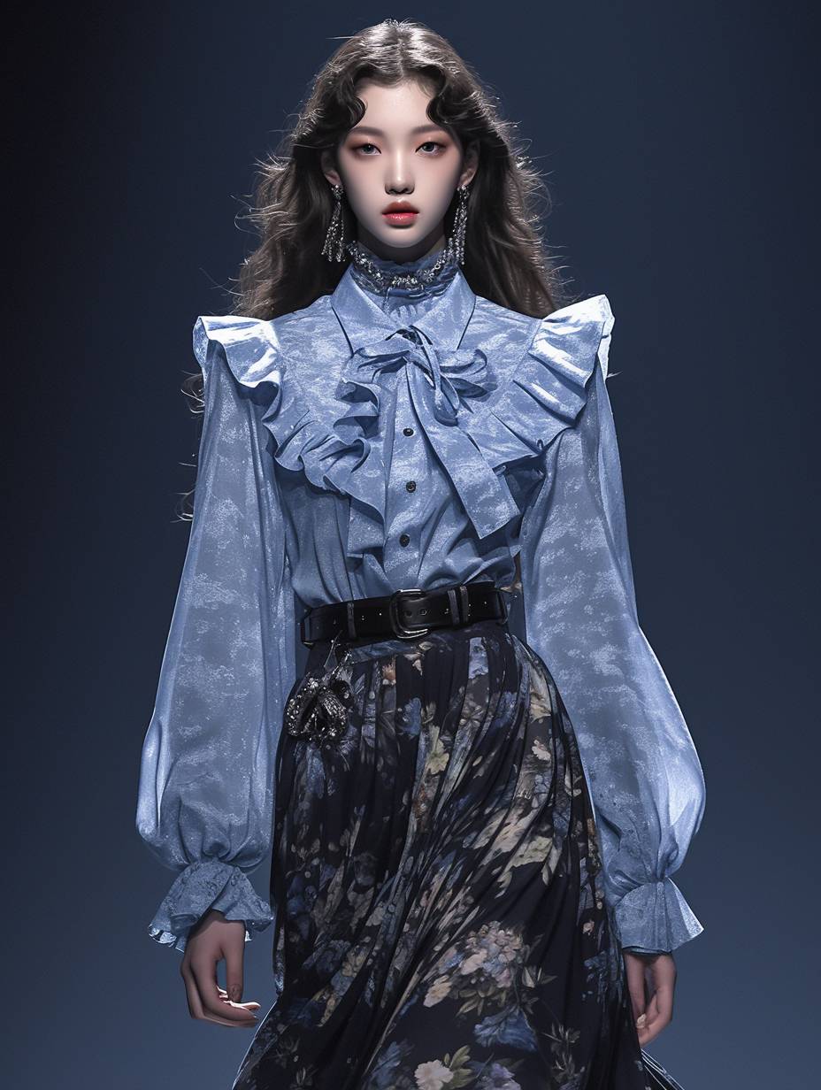 A Kpop idol wearing a simple blue shirt and long skirt in the style of ditsy frill, topped with ruffles appeared on Vogue Runway.