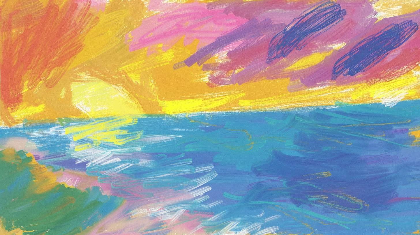 クリーン、ミニマリズム、整然とした反復、対称性、Henri Matisse風のスタイルで、海の上に雲が広がるパステル画、黄色と青い空、鮮やかなカラー、黄色、緑、紫、ピンク、オレンジ（OpenAIスタイル）