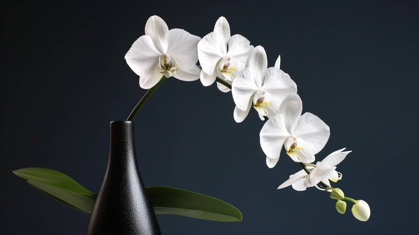 エレガントな白い蘭の花が、洗練されたモダンな花瓶に咲いています。花の繊細で彫刻のような花びらは、ミニマリストの美の研究であり、その優雅なラインと曲線が洗練された上品さを感じさせます。蘭の純白の色と花瓶の深い黒の釉薬との鮮明な対比は、シンプルさの力と控えめなエレガンスの魅力を示しています。