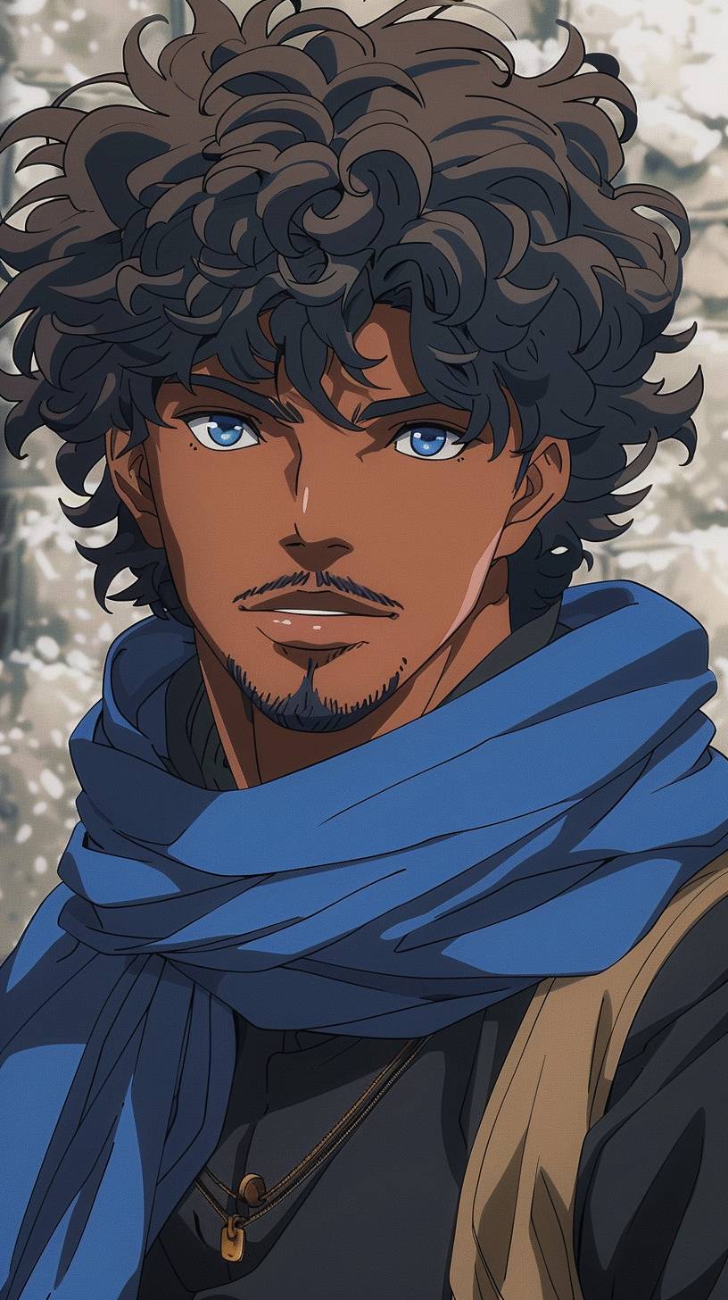 A young and handsome African American in his early twenties, with shoulder-length black wavy and curly hair, including three bangs. He has blue eyes and is wearing a black shirt with long sleeves, blue vest, and blue scarf. The portrait is anime-style, and he is smiling with a laid-back personality, with a smooth face.