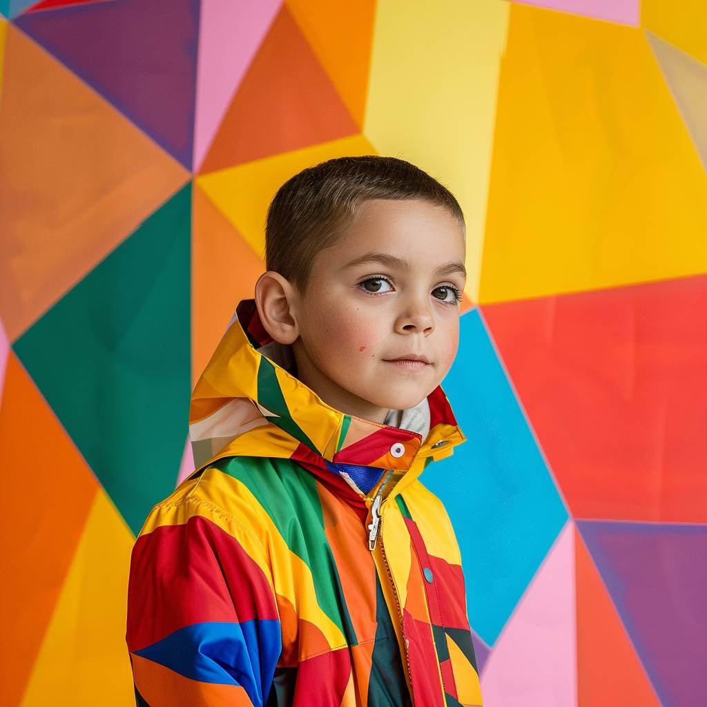A photograph of a Child, bright and vibrant colors in the style of fashion photography, colorful background with geometry patterns