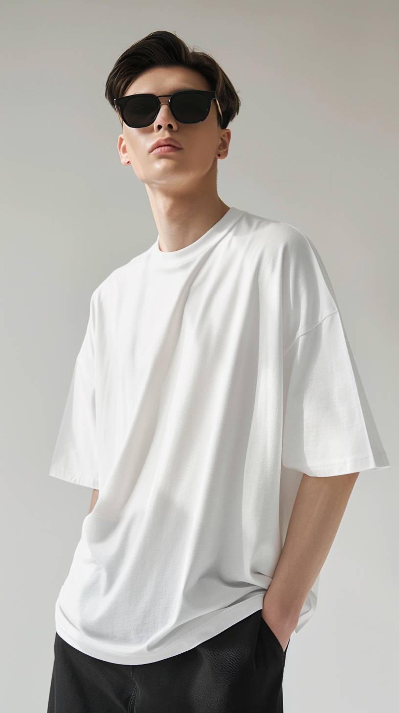 A man is standing in a white room, the background is white. The man is wearing a white oversized fit t-shirt, the t-shirt is loose-fit. The man is 183cm tall and weighs 73kg. He is wearing black sunglasses. The background is white and it has a 50mm lens with depth of field background. The product imagery is immaculate, exciting, and hyper-realistic. This photo is taken with a Canon 1dx camera.