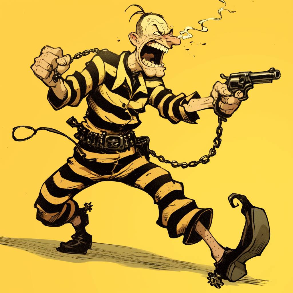 Cartoon drawing of Joe Dalton, an angry prison escapee wearing a black and yellow striped jumpsuit, holding a revolver in one hand with a chain wrapped around his ankle. He looks angry but smiling, no realistic human face, Wild West background, vintage cartoon feel, with a touch of adventure exuding charm and simplicity in the style of Hergé’s Tintin comics.