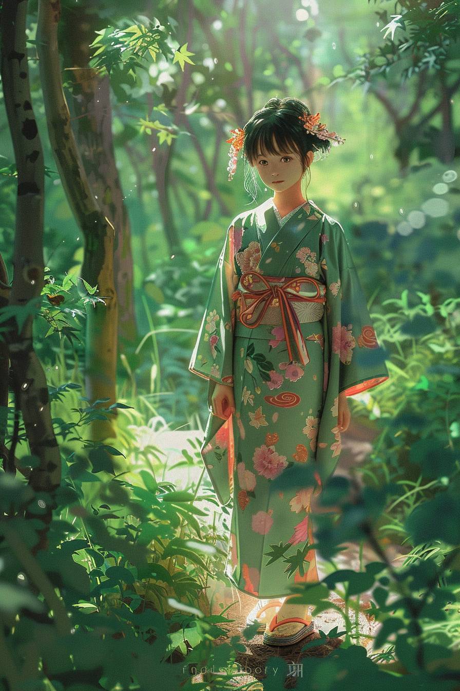 吉卜力スタジオのアニメスタイルで、フローイ浴衣を着た若い女の子、正面、全身、鮮やかな色彩、木々を通して差し込む陽光がふんだんな緑豊かな森の中に立っている