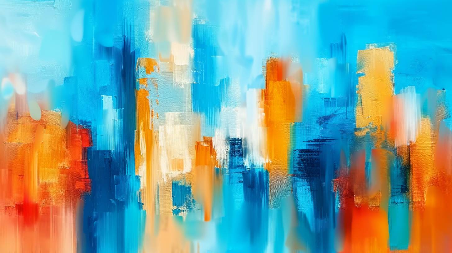 An abstract painting of a cityscape with colors of blue and orange, soft brush strokes with blurred edges, a light sky background, oil on canvas with vibrant colors, a contemporary art style, brushstrokes in the style of impressionism, an urban landscape depicting a city skyline with skyscrapers and abstract shapes representing modern architecture, skyscraper lights and bustling streets conveying vibrant life in big cities