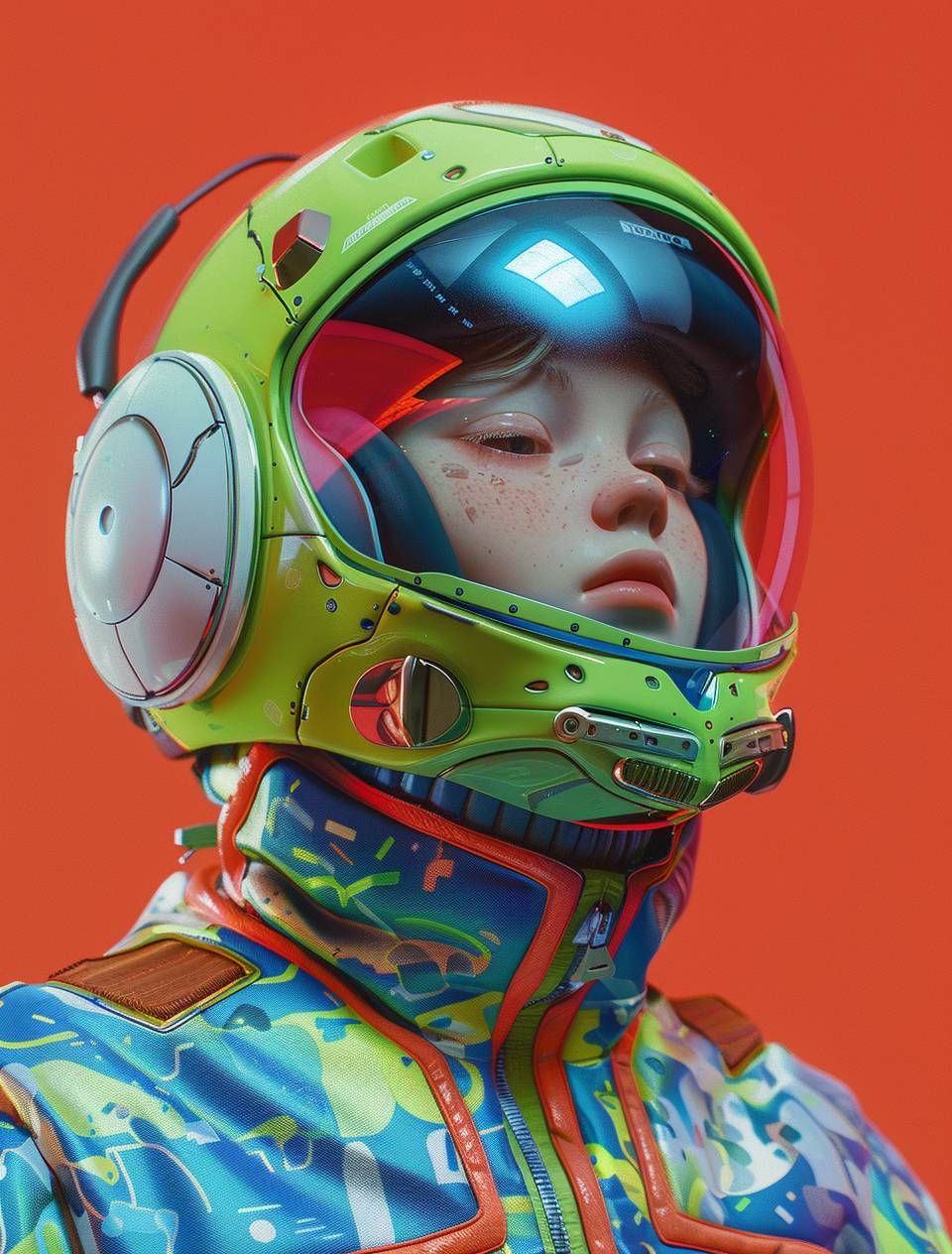 Model of an anime character wearing a helmet, in the style of Kenny Scharf, graphic design-inspired illustrations, utilitarian objects, 32K UHD, Luca Giordano, Alan Bean, green and blue