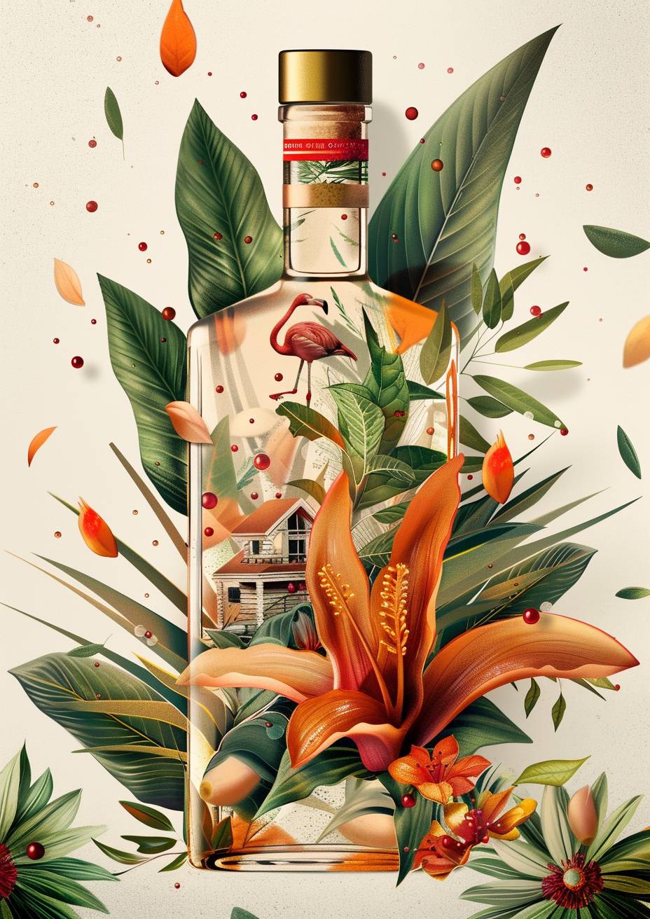 Illustrative artwork for a label for a brand of gin made from sea glasswort. Thistle, flamingo, dormhouse on a leaf, berry. Colourful and playful in the illustrative style of Victo Ngai. Hyperealistic product shot. Off-white studio background.