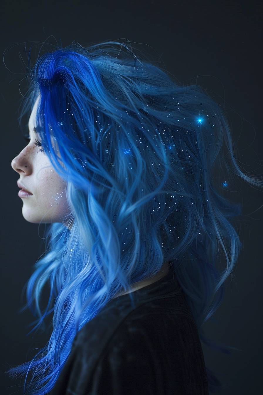 顔の輪郭、スタジオジブリ、髪の中の銀河、青い髪