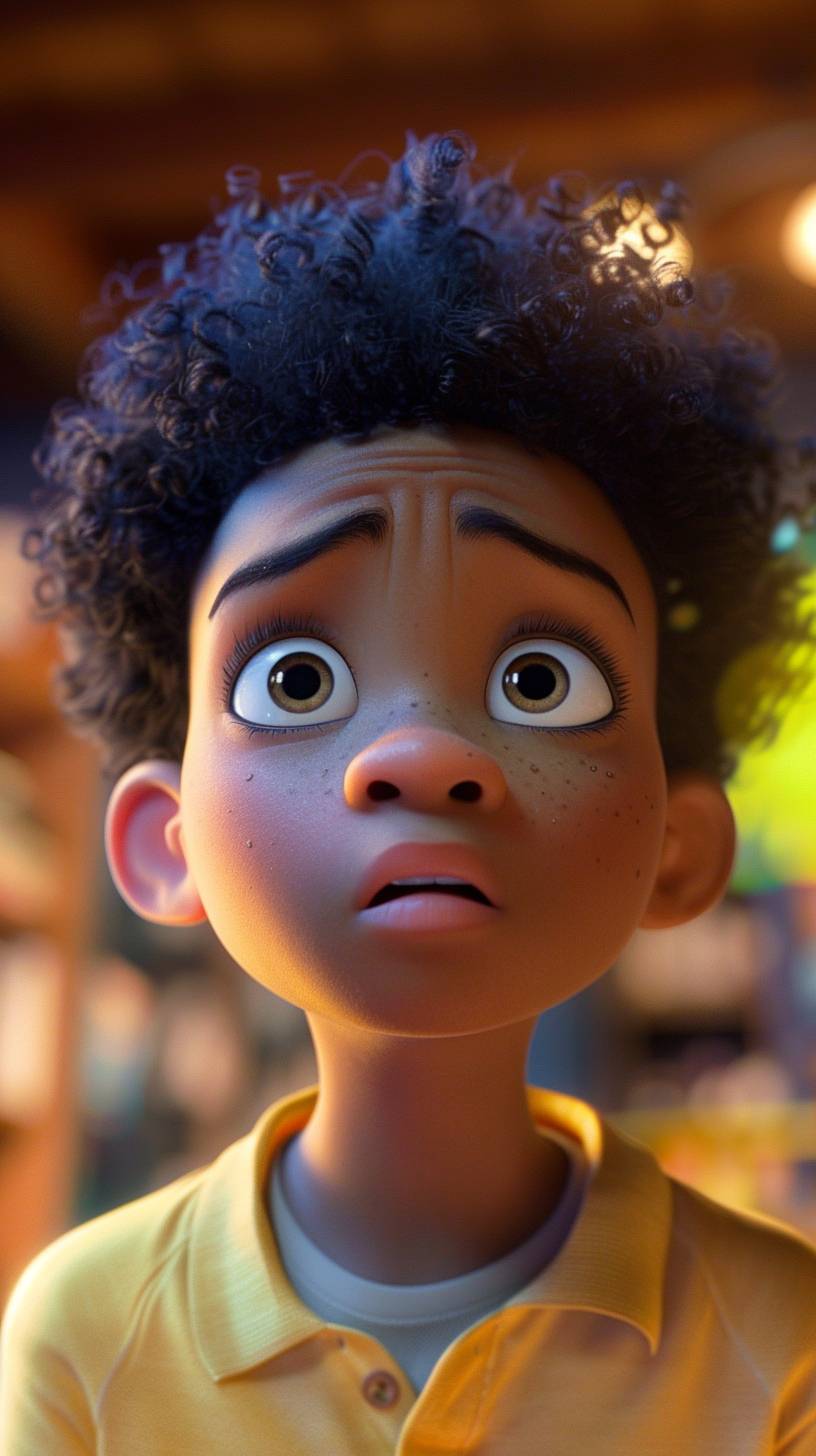 A flashback scene of the young black father in Pixar as a child looking lonely. IMAX.