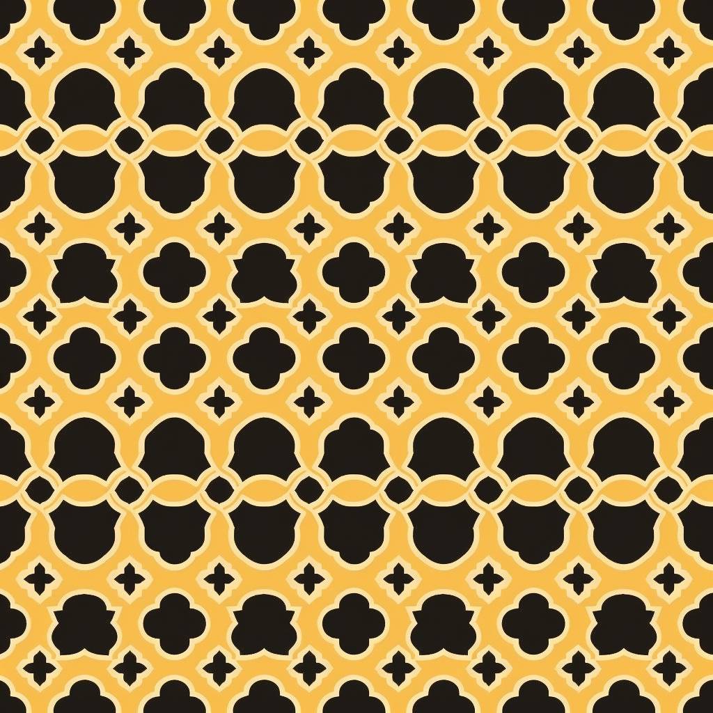 アラベスクのシームレスなパターン、黄色と黒、ミニマル、フラット、ラインアートスタイル