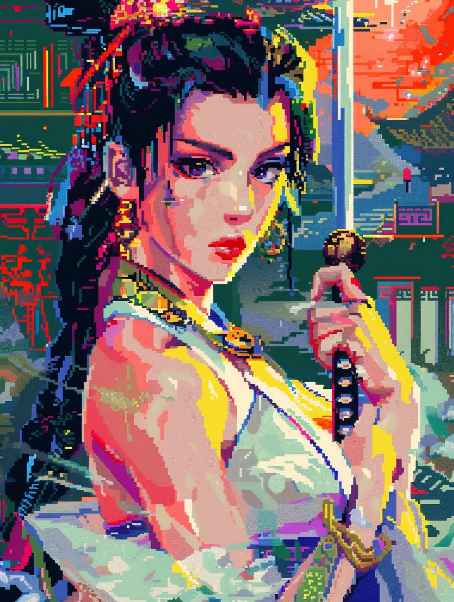 In the style of a 1980s arcade game, Wuxia bandit princess, white silk, lurid 8-bit colors, pixelated astropunk