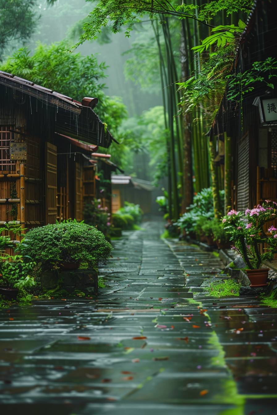 After the rain, the green bamboo forest path is lined with wooden houses, it's full of plants and flowers. The wet ground is covered with moss, the wet stone road is covered with droplets. The stream runs down the tree trunk, a beautiful landscape was created in a serene setting. It was captured in high definition photography.