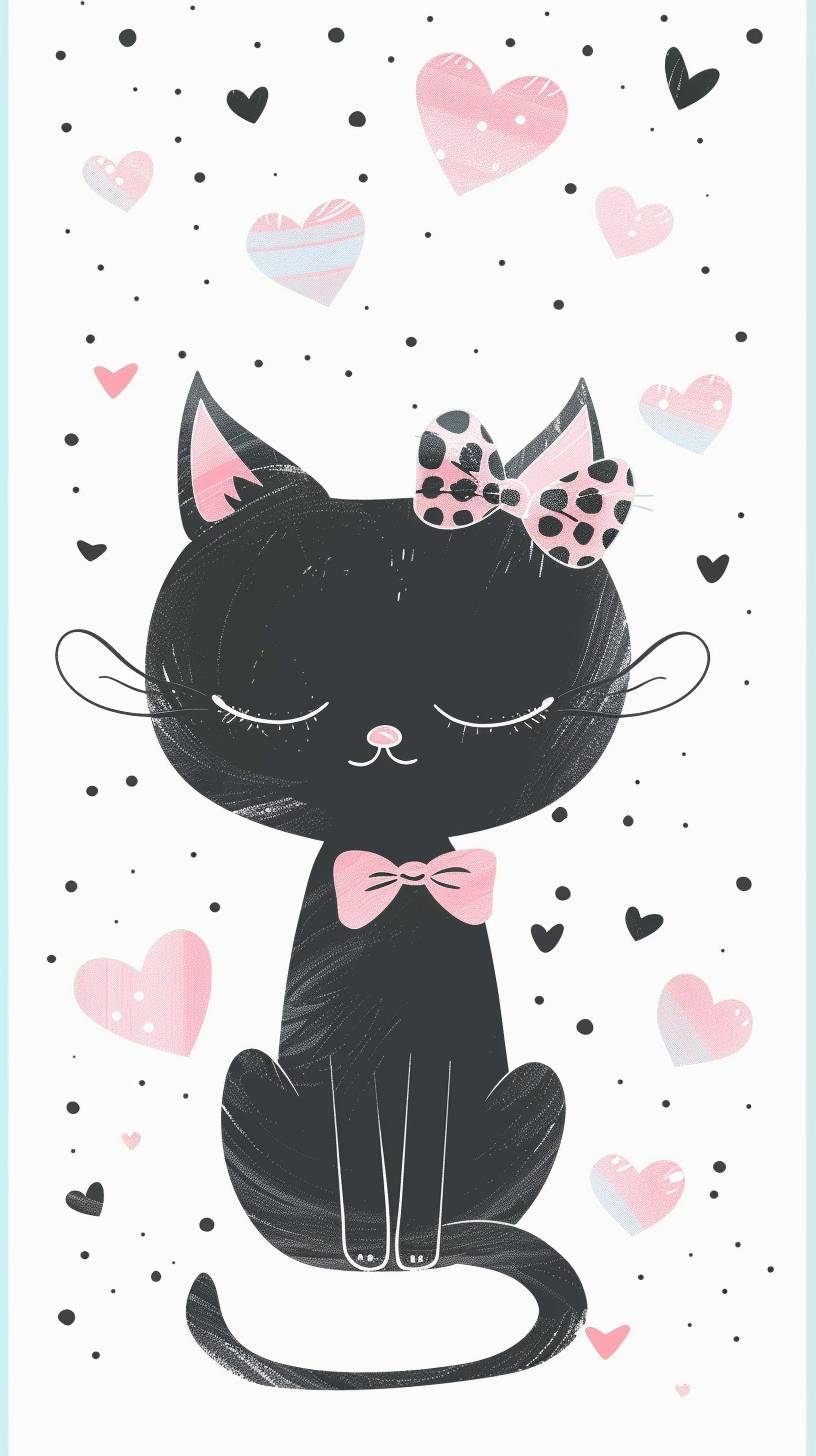 Cute black cat with a pink bow pattern, hearts, and gingham patterns, on a white background, in the style of John Klassen, as a simple vector illustration in a light blue pastel color theme.