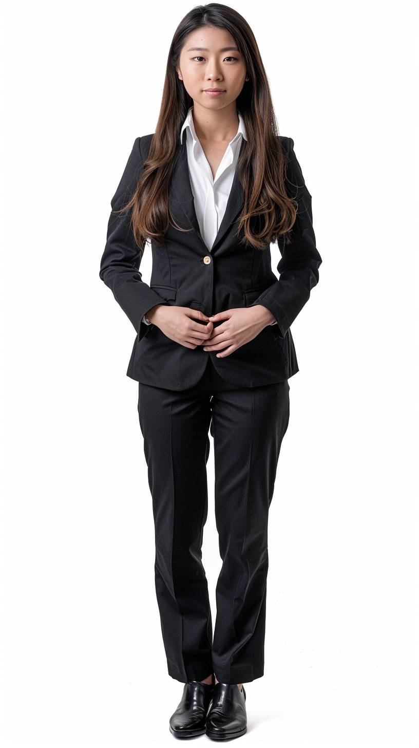 A young Asian female teacher in a suit, standing in a front pose, on a white background, elegant and super realistic