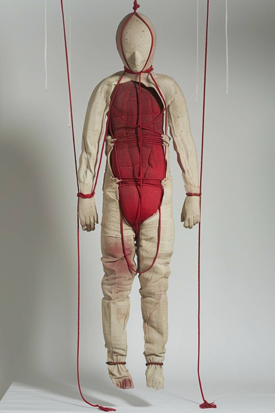 A surrealistic-style marionette, influenced by the artistic approaches of Rene Magritte, Patricia Piccinini, and Mark Dennis, and designed in a robust Brutalist style. This imposing figure stands approximately 1.8 meters tall, faceless, with red hemp ropes tied around its body, half arms and legs, and is suspended from a large frame by transparent thin tubes. Its exterior is starkly divided into red and white halves, presented in an upright stance facing the camera. Designed for tactile engagement, the surface is suitable for striking, while its interior is stuffed with cotton, providing a soft, deformable texture.