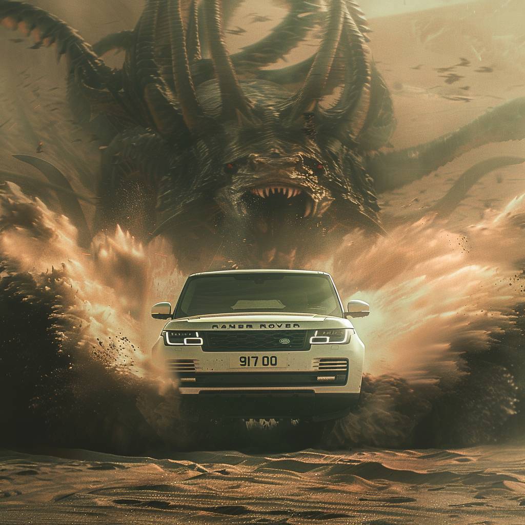 A white Range Rover sports car driving in the dark desert, giant screwworms hovering in the black desert sandstorm in Dune movie, giant sandworms want to eat the car, realistic photography, movie concept poster, epic fantasy scene