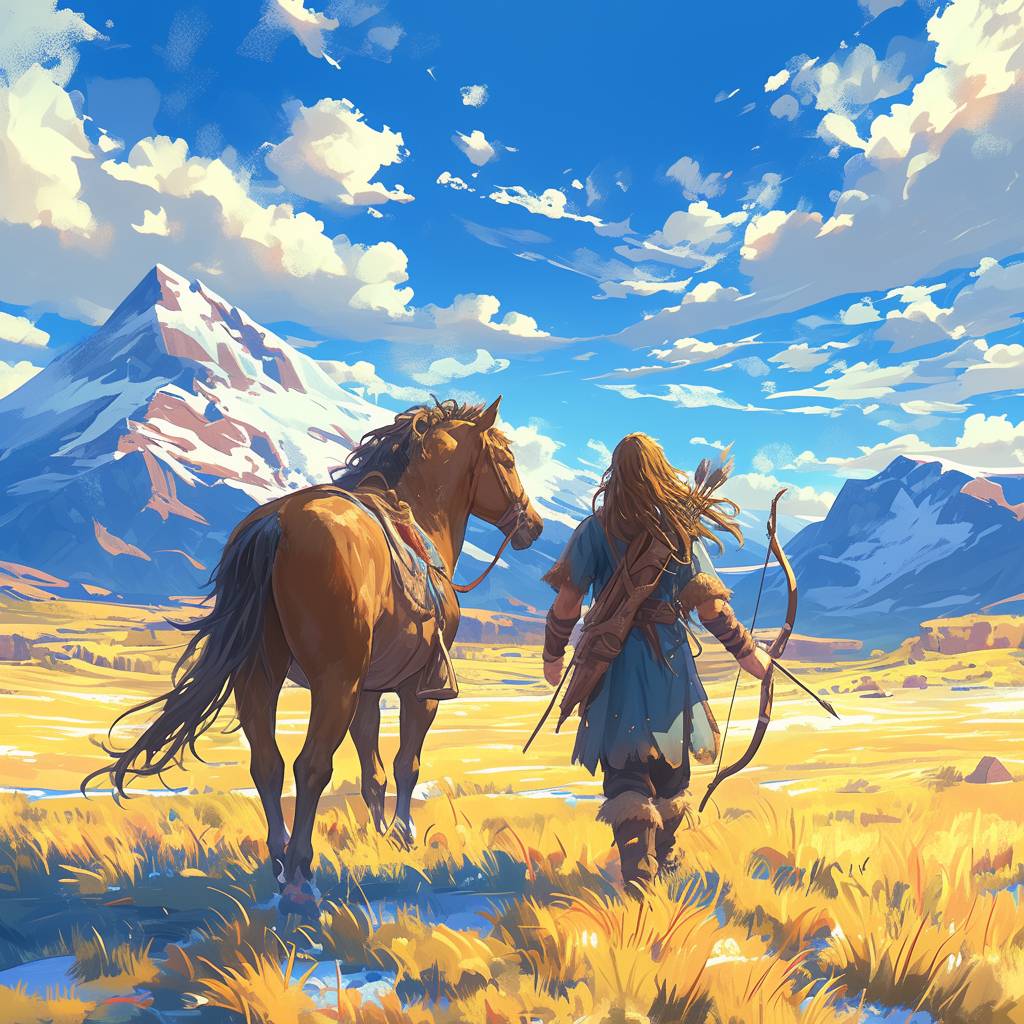 It's probably a young man in his twenties with long hair holding a bow and arrow, leading a horse towards me, walking on the grassland, with a faint view of snow-capped mountains in the background.