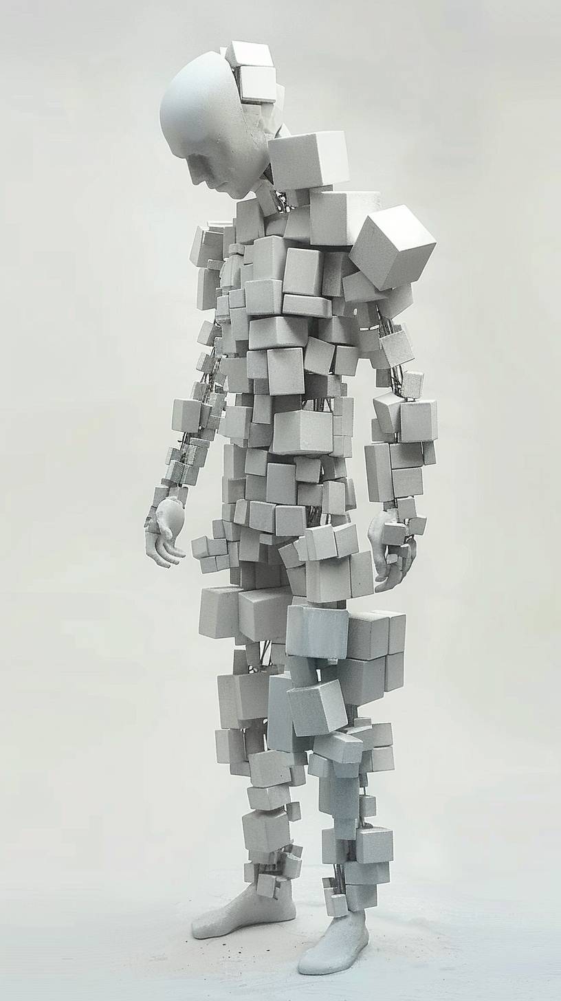 Create an image of a humanoid figure composed entirely of cubes in various sizes. The figure should appear as if constructed from these geometric shapes, with distinct cubes forming the head, torso, arms, and legs. The cubes vary in size to represent different body parts proportionately, creating a visually interesting and abstract representation of a human body. The composition should be clear, with a focus on how the blocks assemble to mimic human anatomy. The background should be neutral to emphasize the figure.