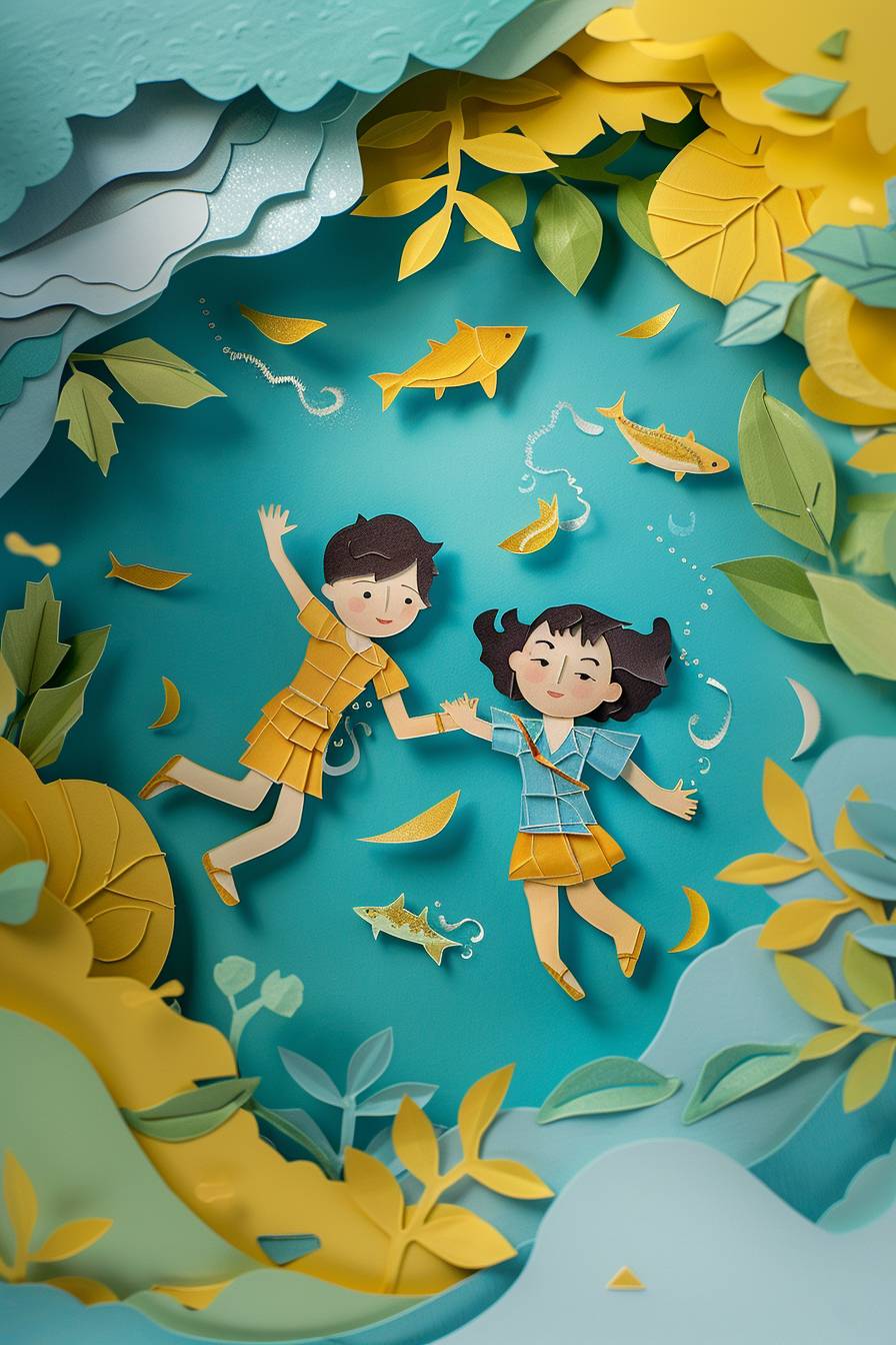 On International Children's Day, two children are playing carefree. Simple illustrations are lively, and the colors are mainly gold and blue. In summer, Paper Cuttings style has clear layers and hollow effect.