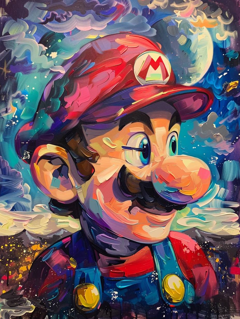 A painting, with Super Mario smiling and looking up at the sky, beautiful sky, vivid colors