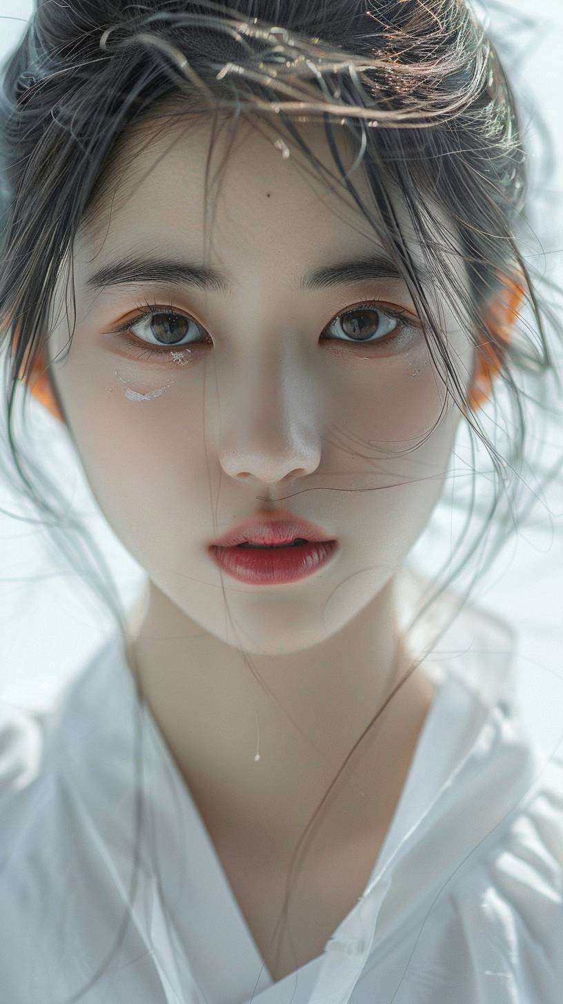 A 20-year-old Chinese girl with a lively and lovely face, long black eyes, deep wisdom shining through her eyes, wearing simple white clothes, about 1.6 meters tall, slim figure, natural beauty, real portrait photography.