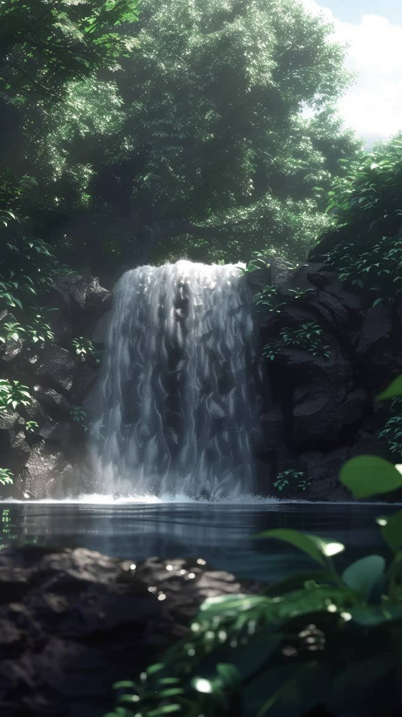 A serene waterfall surrounded by lush greenery. The water cascades down rocks, creating a soothing sound. In the style of a nature documentary.