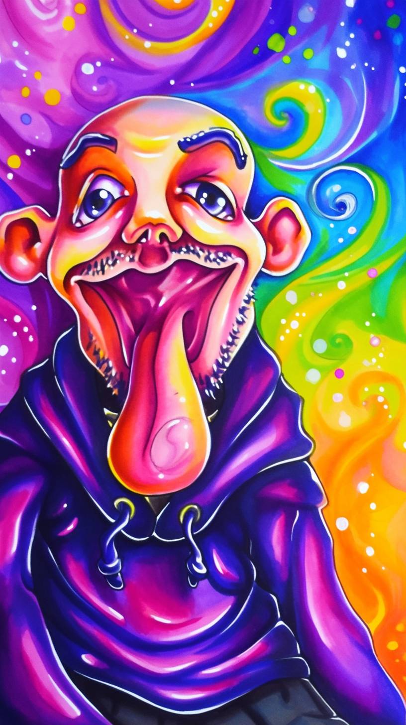 Create a cartoon of [your superhero], in the style of Kenny Scharf, grotesque caricatures