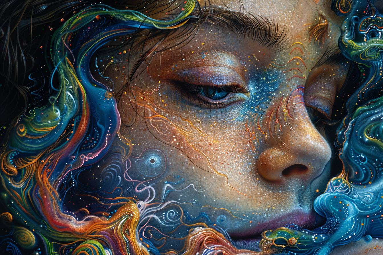 An intriguing oil painting of the female embodiment of artistic creativity and purpose, vibrant chakra colors, sacred geometry, ultra, cinematic dramatic lighting, psychedelic, visionary, epic surreal composition, masterpiece, energy waves through time, organic --chaos