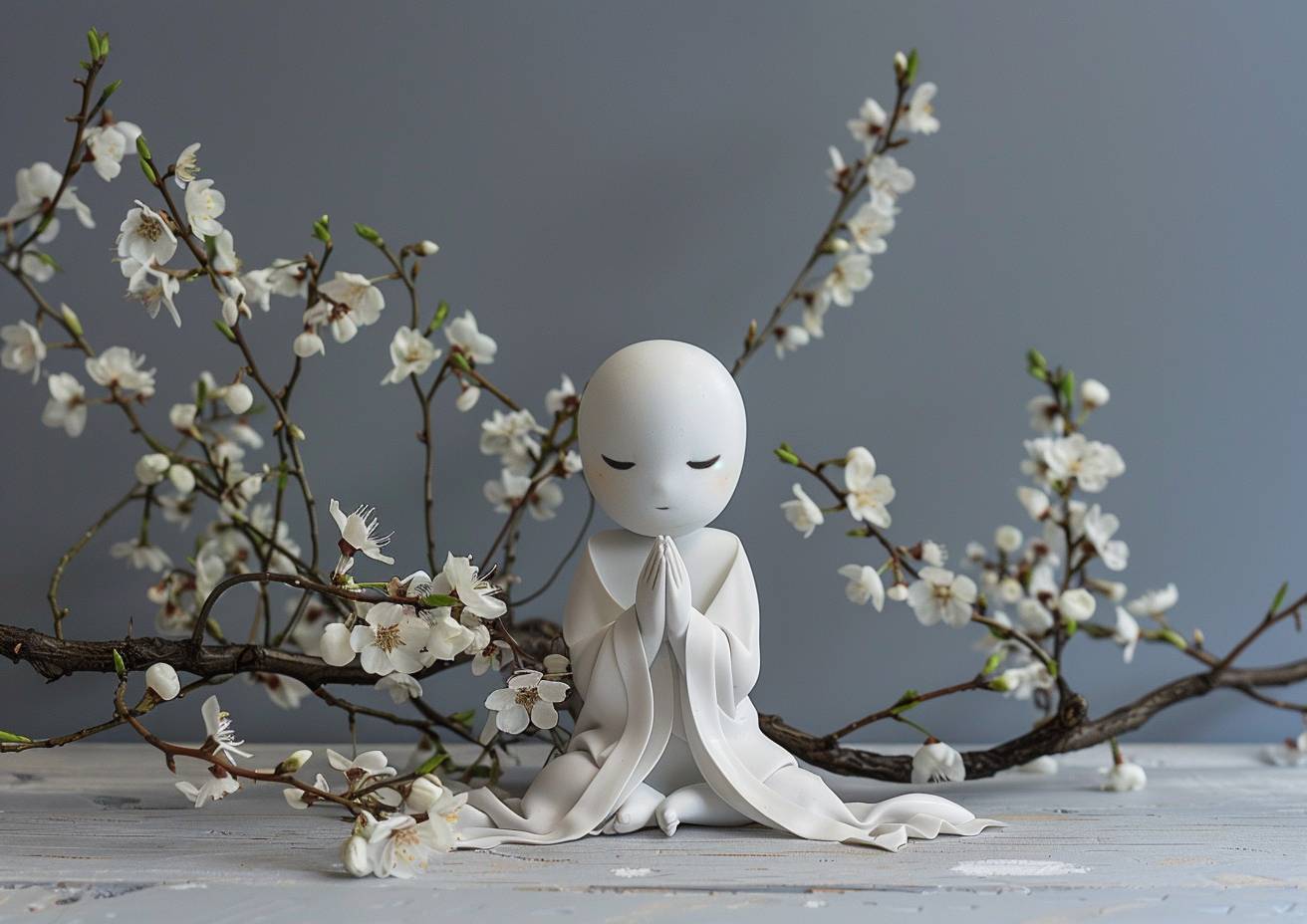 Ghastly glitchpunk white Teru Teru Bozu doll, in praying position, blossoms, minimalism