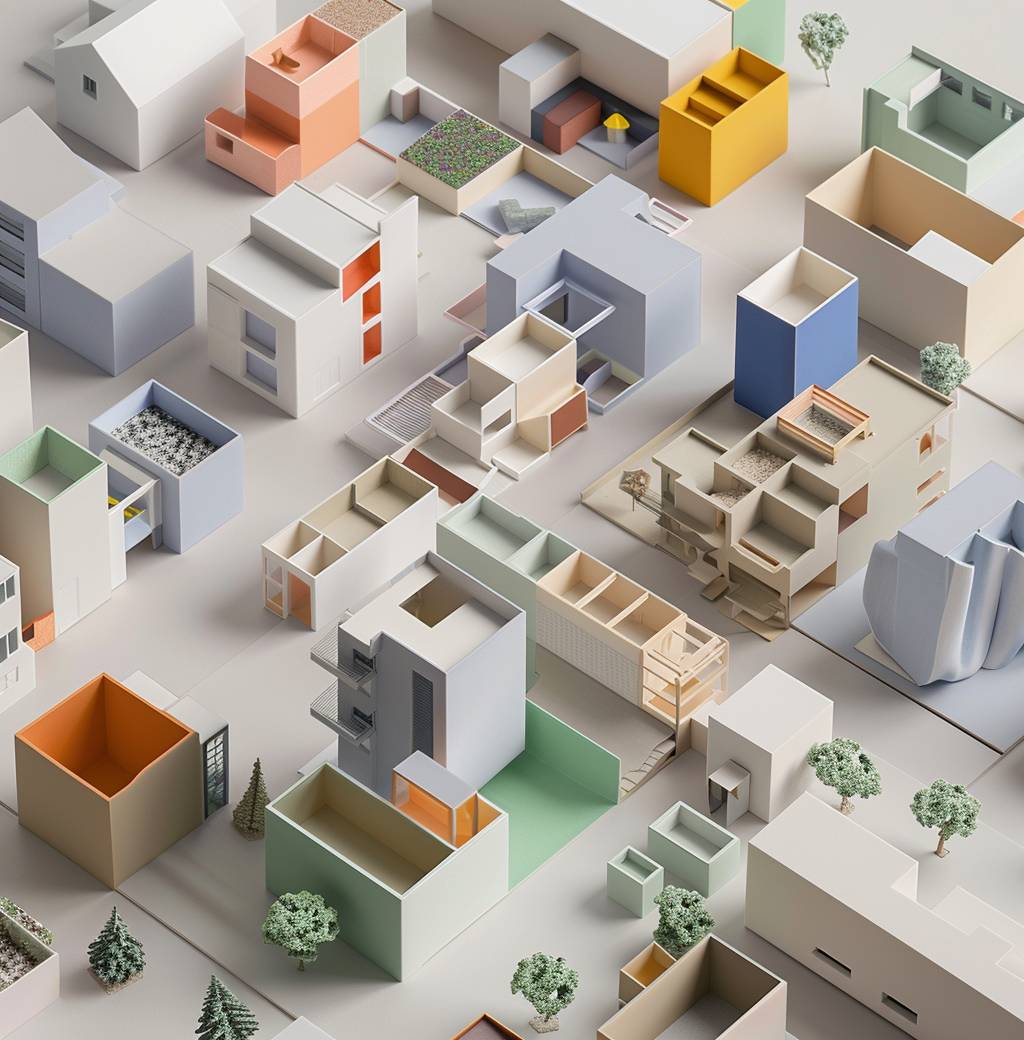 A series of architectural models, each representing different types or styles of houses and buildings, arranged on top of one another to form an overhead view that shows the arrangement in three dimensions. The models include simple square block structures with gable roofs, complex fractal designs, shapes resembling modernist architecture, minimalist lines, and colorful tones, all set against a neutral background. This visual representation highlights how these forms can be combined into unique compositions.