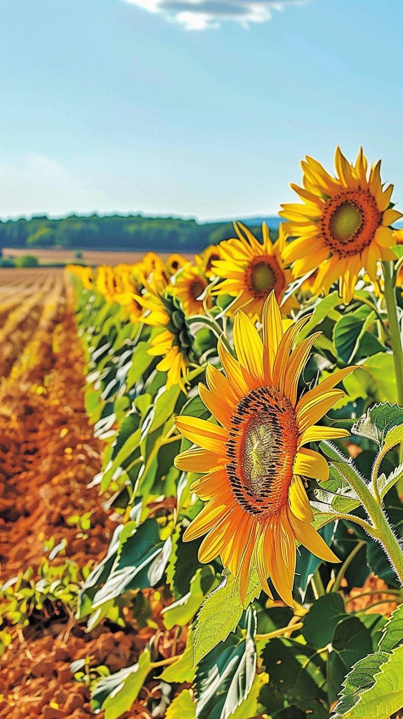 A field filled with rows of blooming sunflowers. The vibrant yellow petals contrast with the blue sky above. In the style of a summertime photograph.