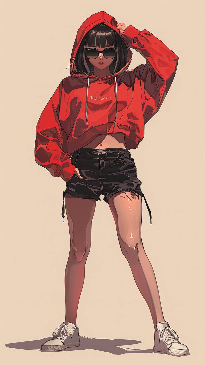 She's doing an over-the-top dance. A girl wearing a red hoodie and black shorts, with short hair and bangs hanging down slightly. She is wearing sunglasses and high-top sneakers on her feet. The background color of the illustration should be light red. In an anime style. A full body shot of the girl in a pose that shows off her legs, in the style of Japanese anime cartoons.