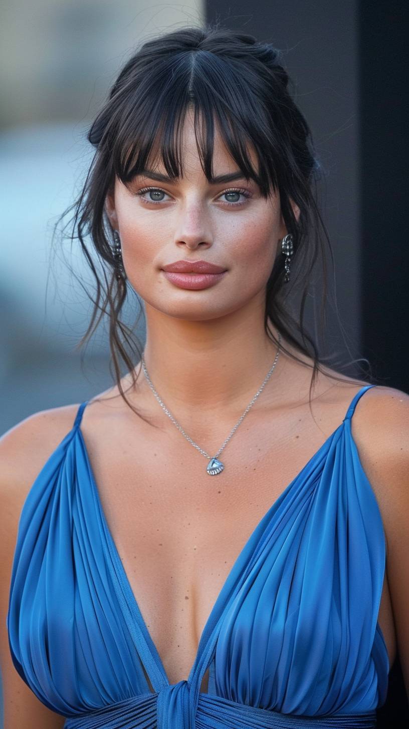 A woman in a blue dress posing for the camera, wearing a cloth blue dress, female Camila Mendes, Margot Robbie face, short black hair with bangs, sky-blue dress, Margot Robbie as a Greek goddess, blue dress, Alita Battle Angel, wearing a blue dress, long dark hair with bangs, navy blue carpet, center-parted curtain bangs, low-cut dress, photo
