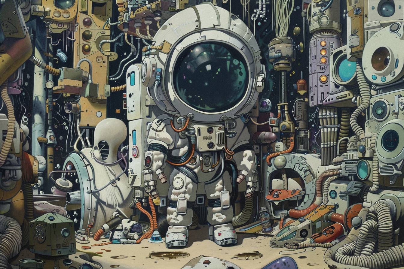 エイリアンの惑星上にいる宇宙飛行士を描いたシュールな絵画で、さまざまな奇妙な機械や機械部品に囲まれており、詳細なキャラクターデザイン、超現実的な夢の風景、鮮やかな風刺画、入念なディテールのスタイルです。