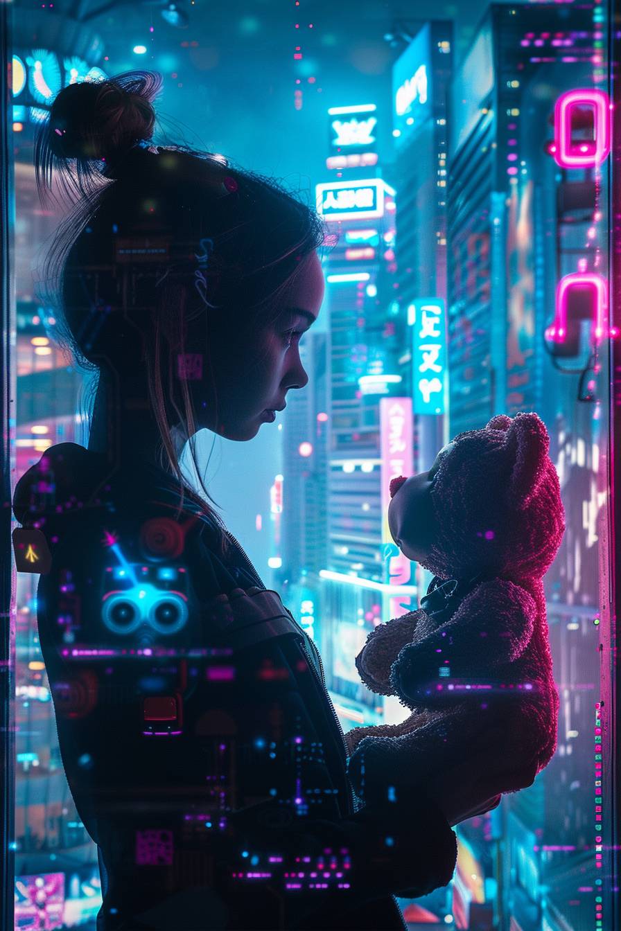 A breathtaking young woman, her silhouette striking against the backdrop of a neon-drenched skyline, gazes out with eyes that shimmer with artificial intelligence. She clutches a tattered teddy bear, its stuffing replaced with circuits and LEDs, a poignant reminder of lost innocence. Before her stands a portal of fractured virtual reality shards, each reflecting a different facet of her identity, as she teeters on the edge of two worlds, both real and digital.