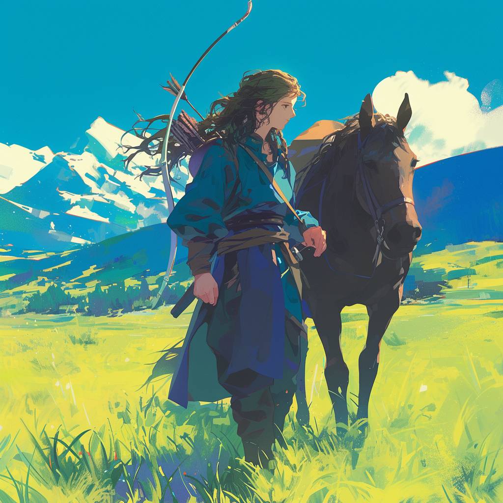 It's probably a young man in his twenties with long hair holding a bow and arrow, leading a horse towards me, walking on the grassland, with a faint view of snow-capped mountains in the background.